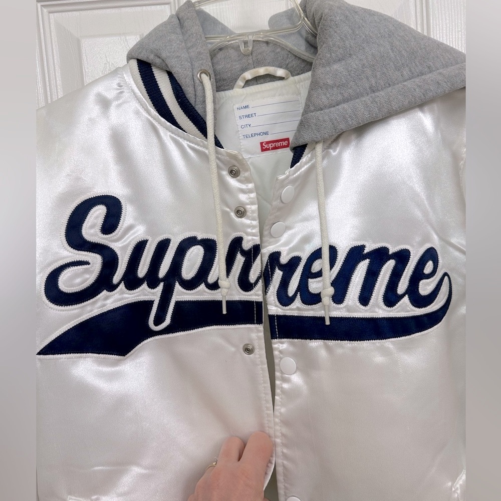 SUPREME satin varsity jacket with hood ~Authentic~ Vintage 2014